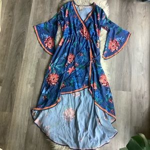 Flying Tomato floral maxi dress high to low bell sleeve faux wrap S